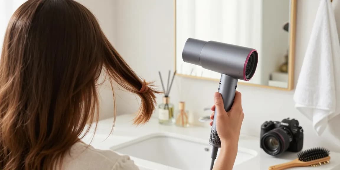 Femme utilisant un sèche-cheveux céramique dans un cadre lumineux et apaisant.
