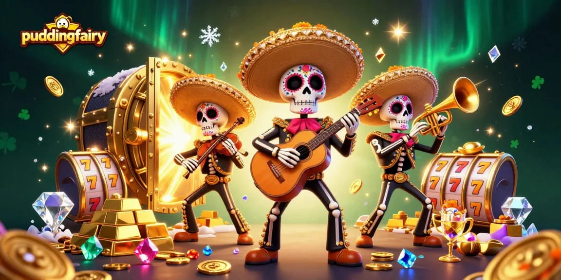 Experience gaming thrills with puddingfairy in this vibrant 3D casino scene featuring a mariachi band surrounded by dazzling treasures.