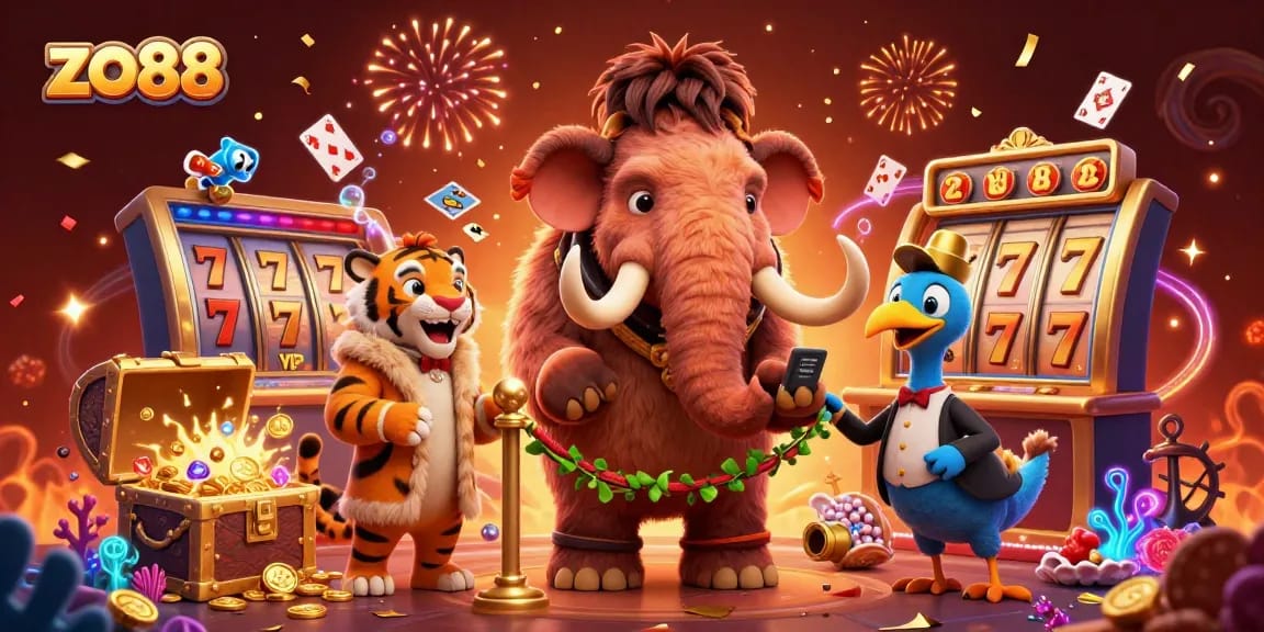 Join the excitement at zo88 with a mammoth bouncer and VIP guests amid vibrant casino elements.
