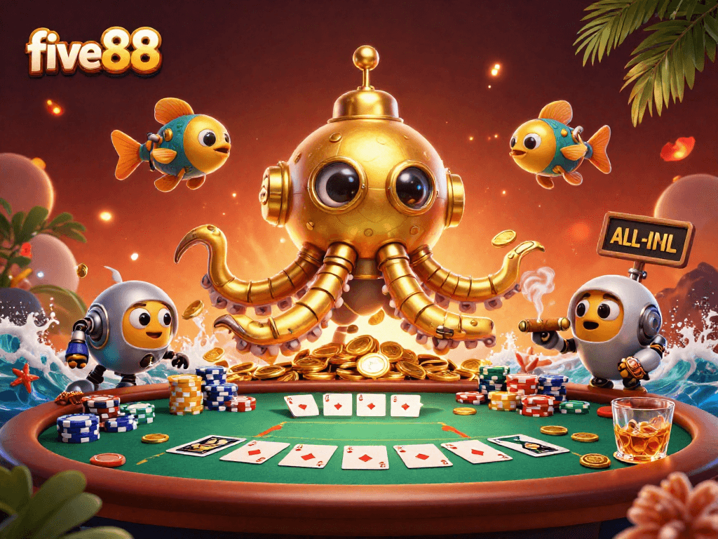 Experience the excitement of five88 with a golden kraken submarine amidst casino action, creating winning moments.