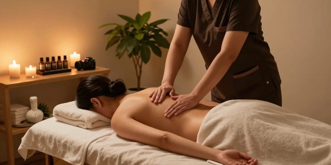 Experience a soothing 동작구출장마사지 in a serene studio ambiance with candles and essential oils.
