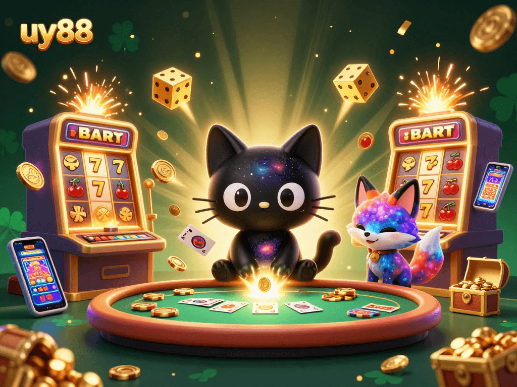 Experience winning at uy88 with a cosmic casino scene bursting with vibrant colors and action.