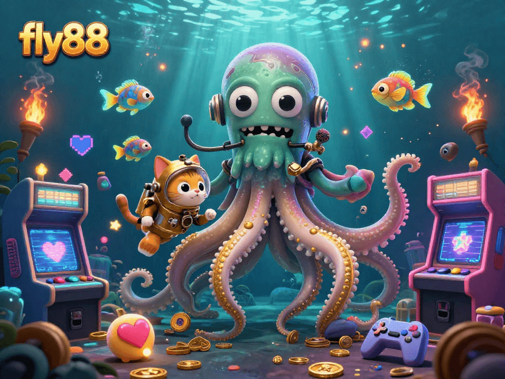 Engage in thrilling gaming with fly88 as the kraken unleashes treasure in a vibrant casino illustration.