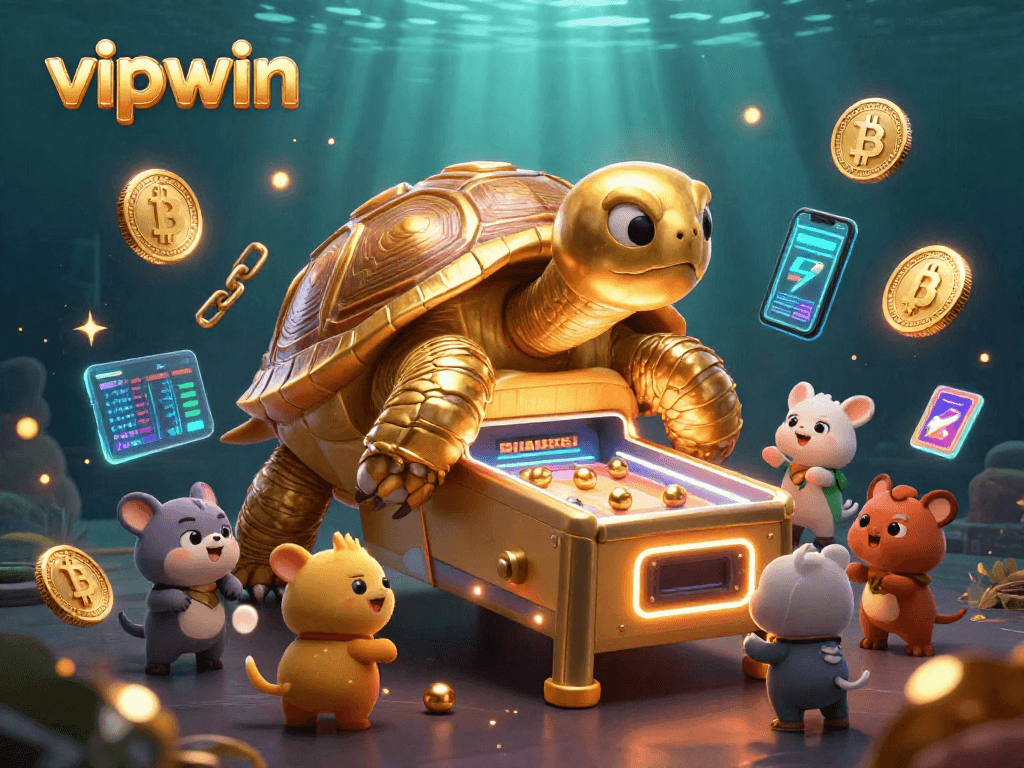 Experience exciting gaming at vipwin with a colossal tortoise pinball machine in a vibrant setting.