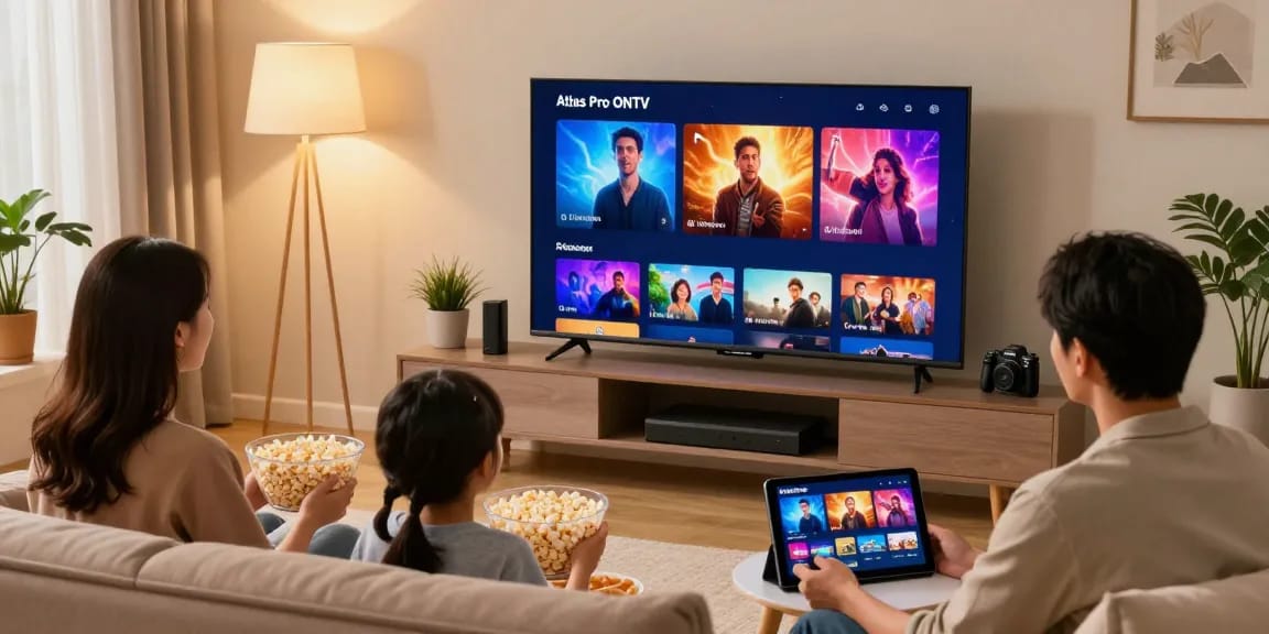 Profitez d'une soirée cinéma en famille avec Atlas Pro ONTV dans un salon moderne