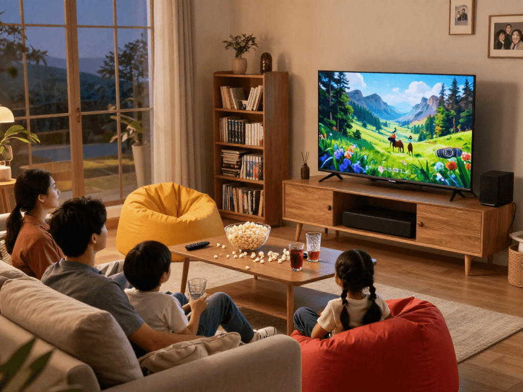 Family movie night around Iron TV with cozy living room setup, popcorn, and drinks.