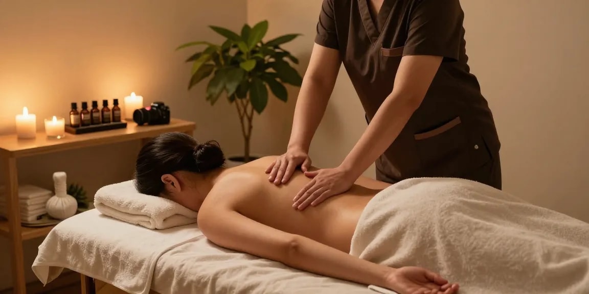 Experience a soothing 동작구출장마사지 in a serene studio ambiance with candles and essential oils.