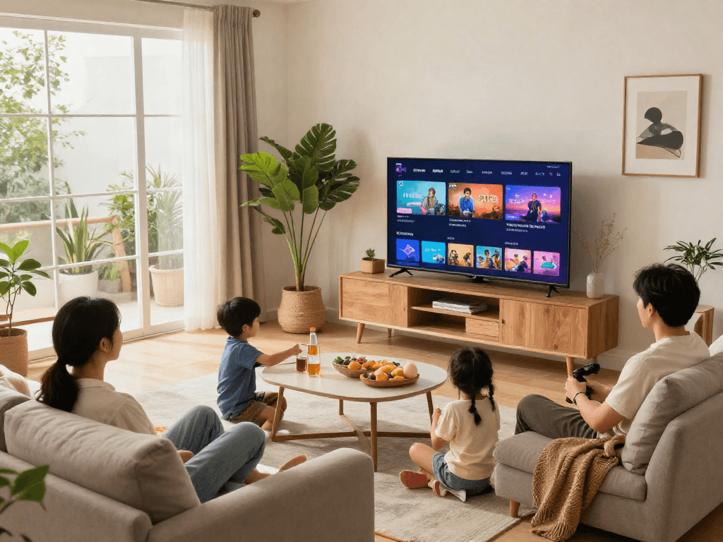 La télévision Iron tv affichant un contenu vibrant dans un salon familial accueillant, avec des parents détendus et des enfants jouant à proximité.