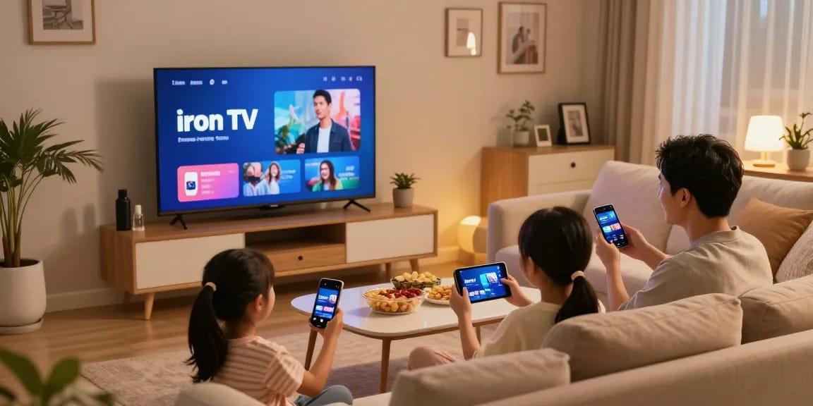 Famille utilisant Iron tv pro pour une soirée cinéma à domicile, ambiance chaleureuse.