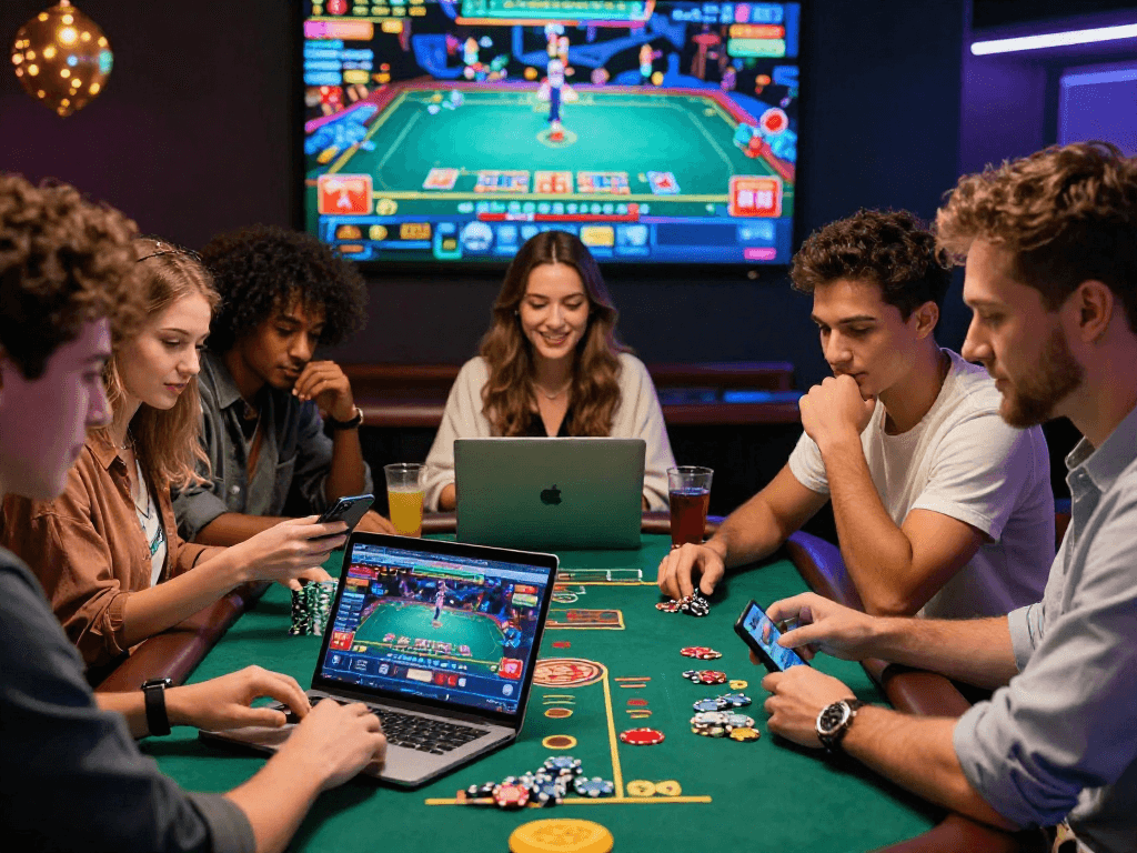 Une scène de casino en ligne animée montrant des amis jouant ensemble avec enthousiasme dans une ambiance festive animée.