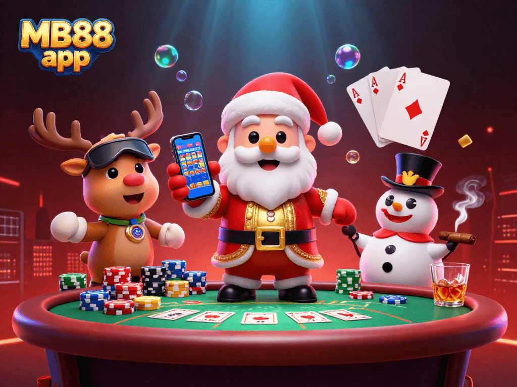 Engage in thrilling gaming action with the MB88 app featuring festive characters in a glam casino setting.