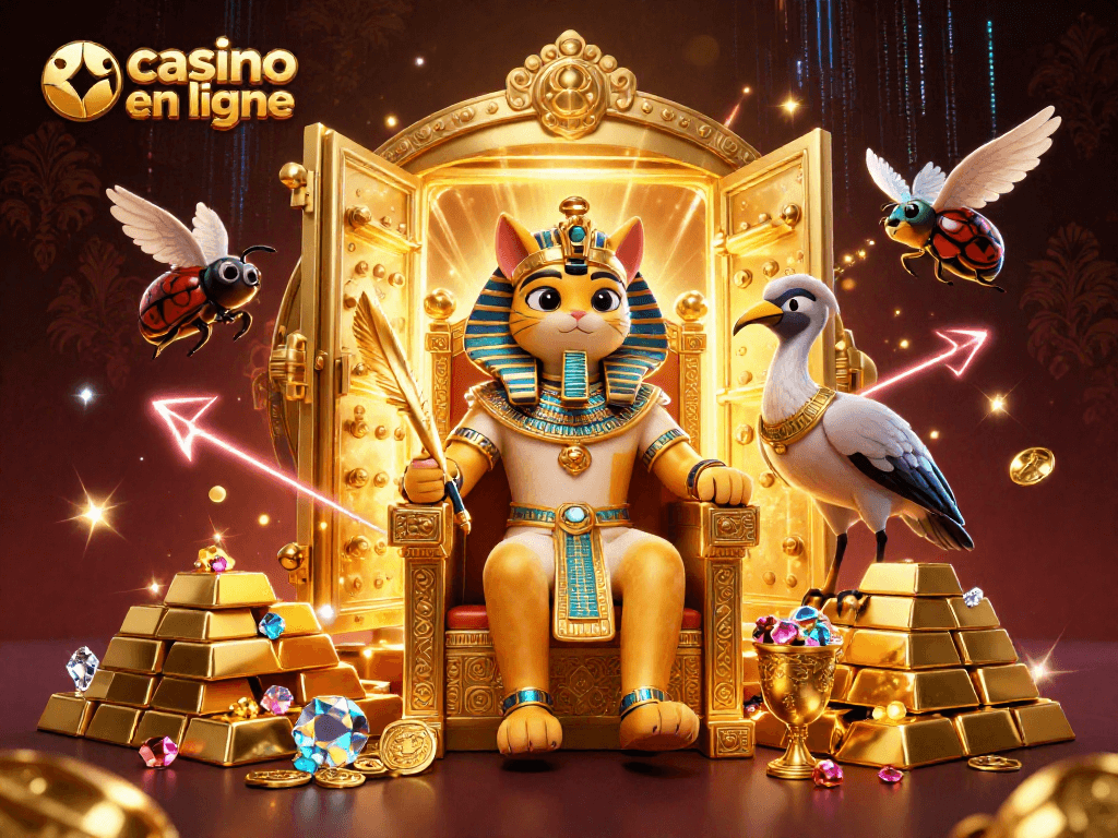 Gagnez des jackpots au casino en ligne avec un pharaon égyptien et ses trésors étincelants.