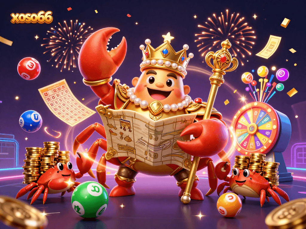 Experience thrilling gameplay at xoso66 with vibrant lottery balls and a golden crab emperor in this dynamic casino illustration.