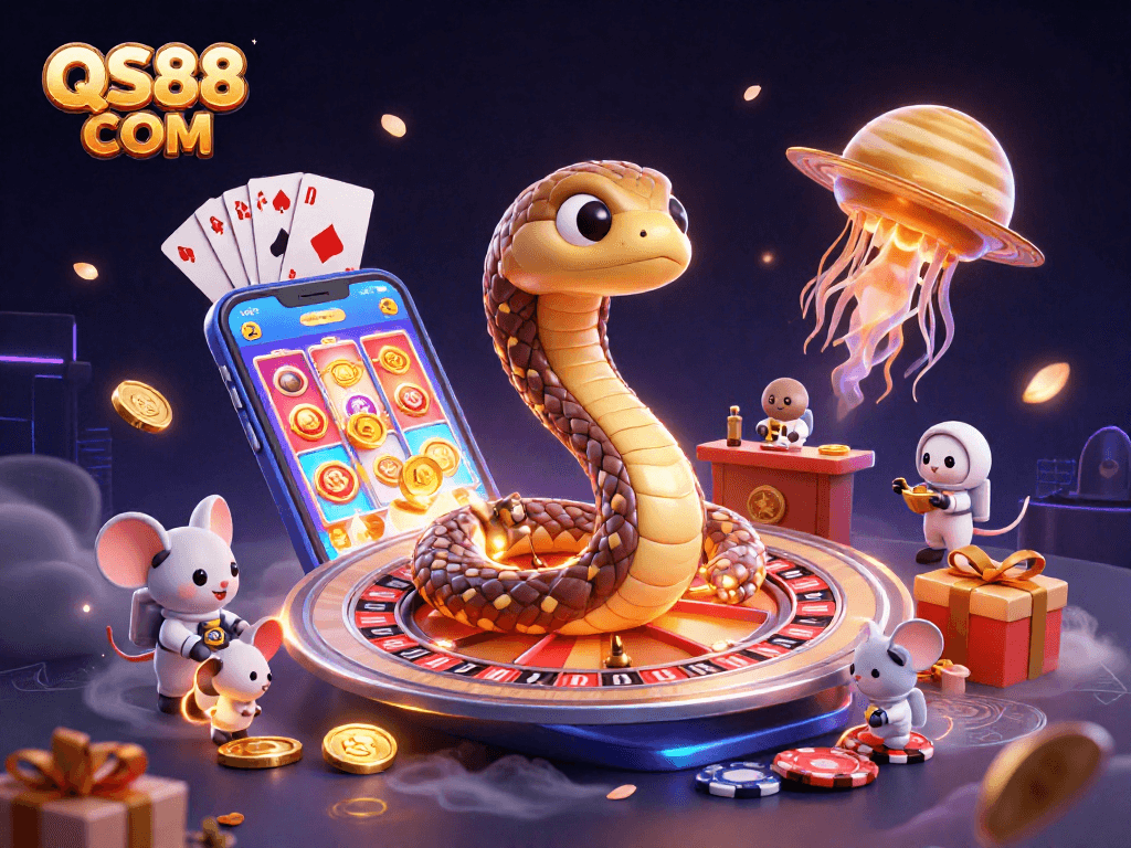 Experience thrilling gameplay at QS88 COM with a 3D illustration of casino characters and exciting game elements.