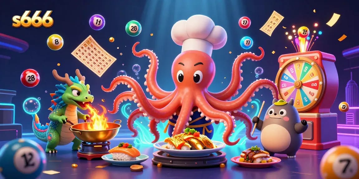 Experience thrilling games at S666 with a unique scene featuring vibrant characters, lottery excitement, and casino elements.