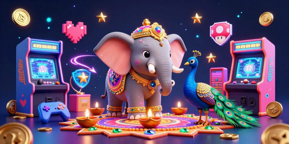 Experience vibrant gaming vibes with lx88 as a festive elephant and colorful peacock illuminate the casino scene.