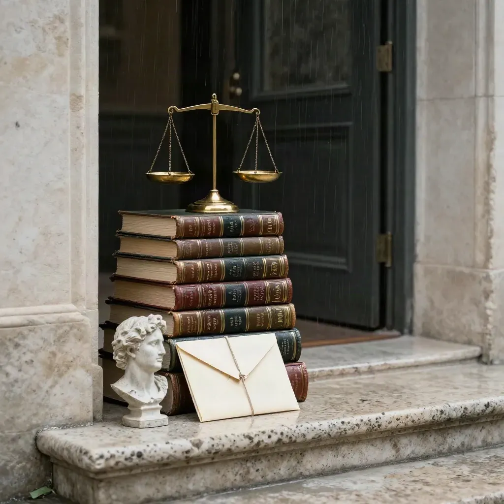 Livres de droit, balance en laiton, dossier et buste de pierre sur marches de calcaire, lumière de pluie.