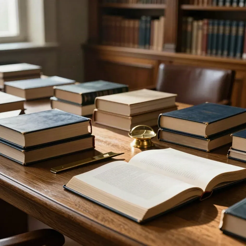 Table de lecture en bois avec codes de droit, fiches et serre-livre en laiton dans une bibliothèque calme.