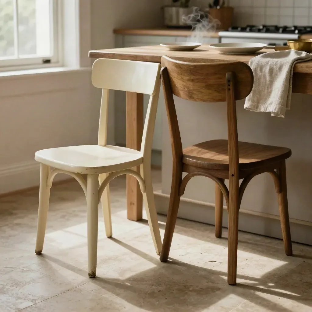 Deux chaises dépareillées et un petit tabouret dans une cuisine familiale, lumière du matin.