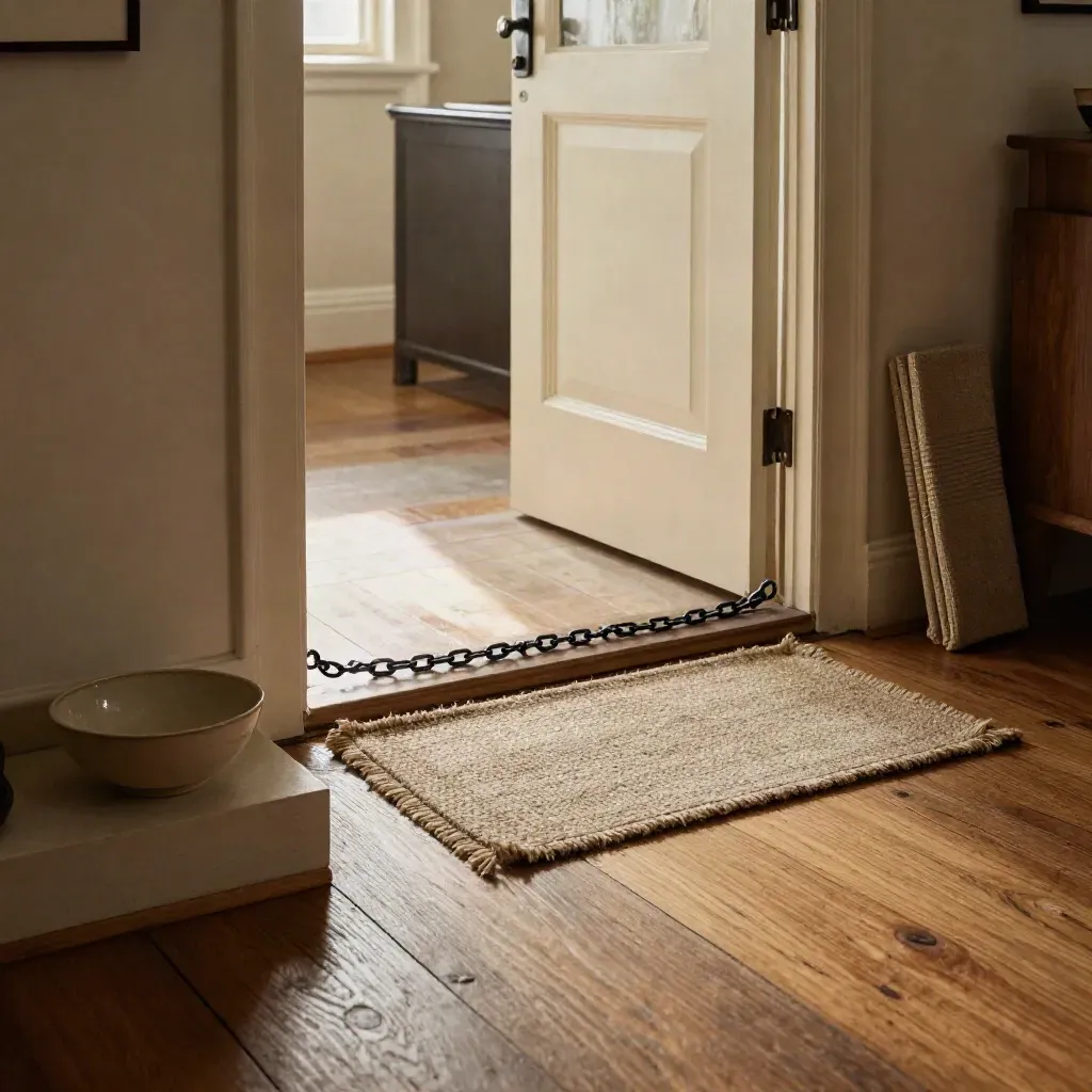 Entrée d’appartement entrouverte avec vide-poches, chaînette, paillasson et tapis roulé.
