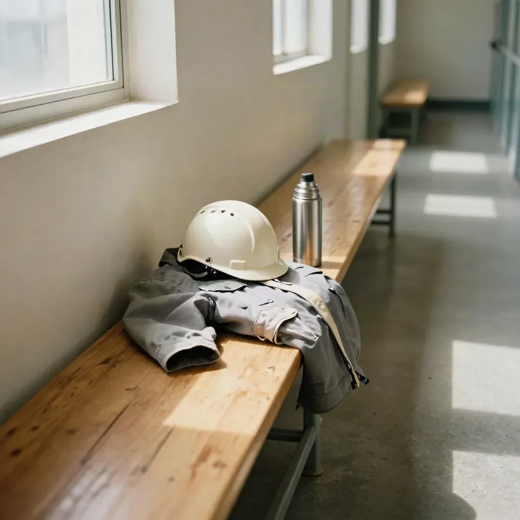 Banc de vestiaire avec veste pliée, casque et thermos dans un couloir de service clair.