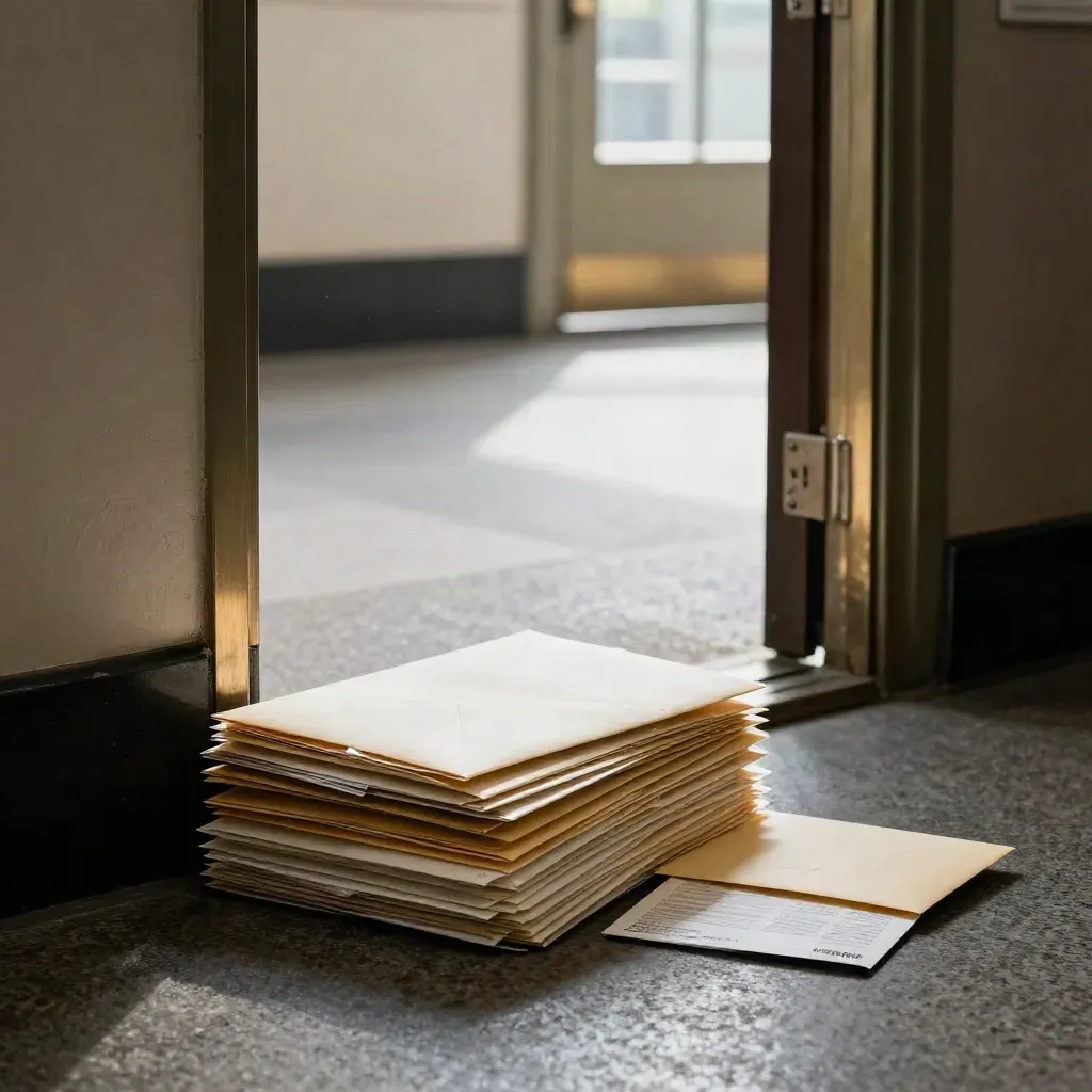 Cour de tribunal, courrier juridique posé au seuil d’une porte ouverte vers la lumière.