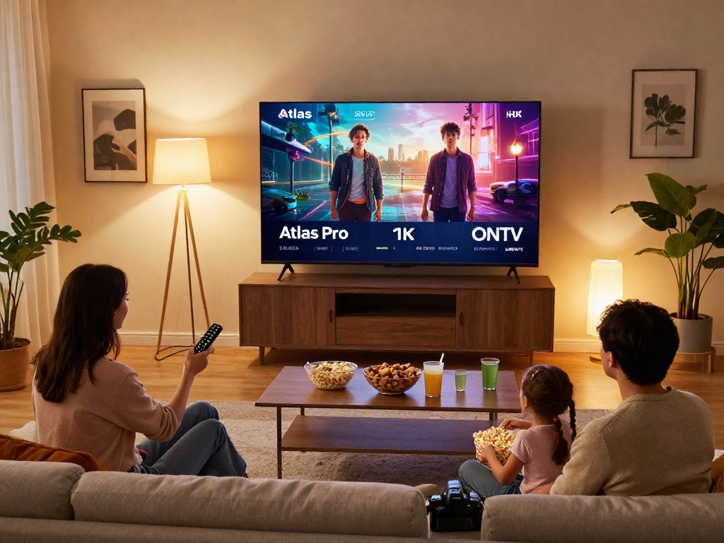 Un moment de famille devant la télévision avec Atlas Pro ONTV, affichant un film en qualité HD.